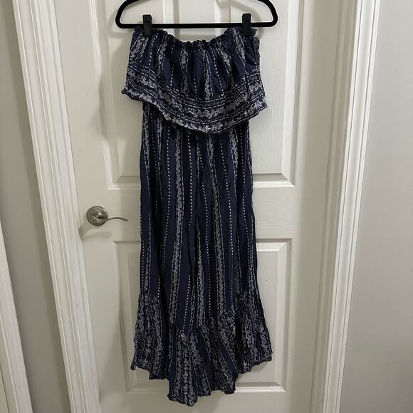 Japna Women’s Strapless Blue Paisley Wide Leg Ruffle Jumpsuit Size M boho - Picture 2 of 10